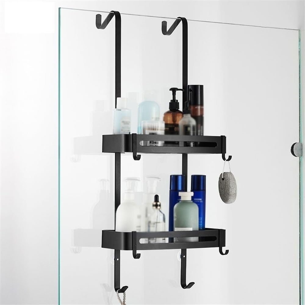 Portaoggetti Doccia Portaoggetti sopra la porta della doccia, organizer da appendere alla doccia con 2 ripiani e ganci, mensola for doccia senza fori for il bagno, nero/argento Mensole Bagno(Nero)
