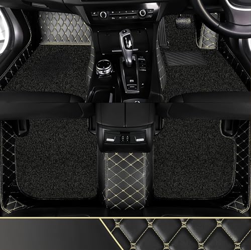 Image of NEXTA Premium Nappa Luxury Leather with Grass Mat Complete Set || 100% Waterproof and Washable||7D Cars Floor Mats for VinFast Limo Green - 7 Seater (All 3 Rows) | Color : (Black & Golden)