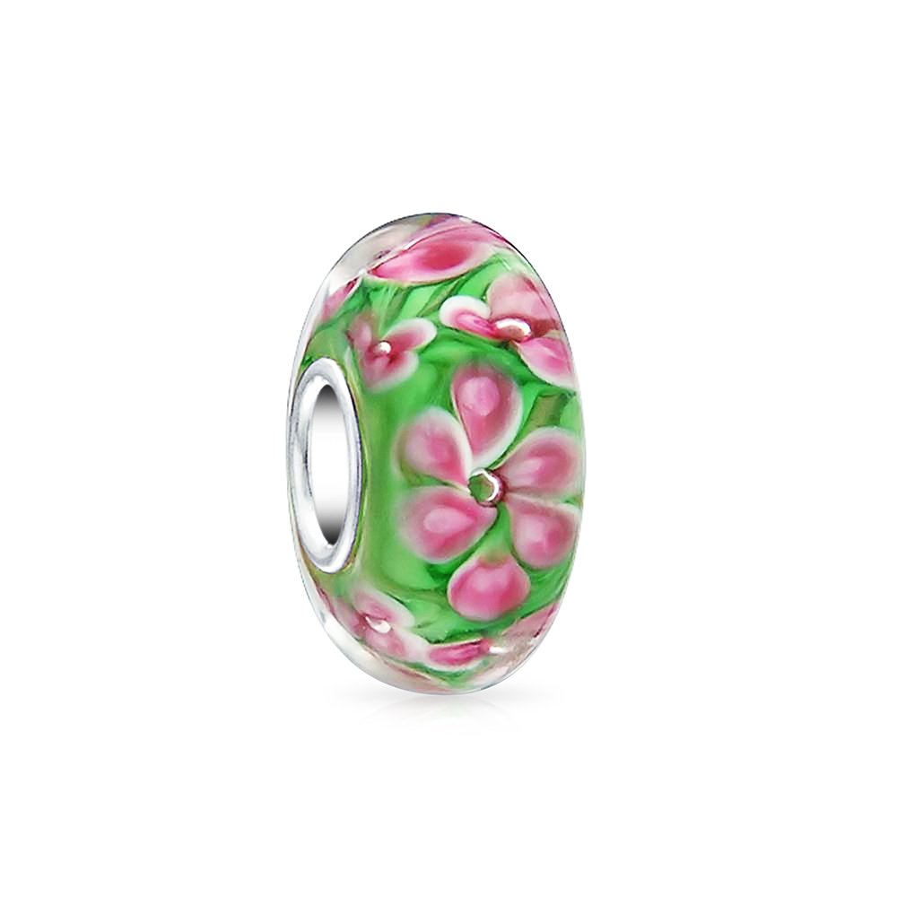Murano Glass .925 Sterling Silver Core Floral Blue Green Pink Red Black White Flower Spacer Charm Bead Fits European Bracelet For Women Teen