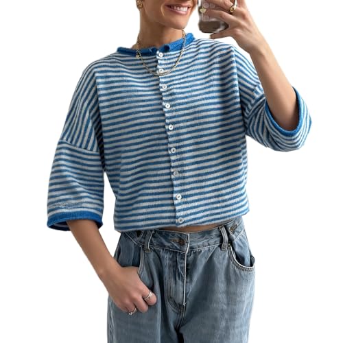Image of Women Knitted Crop Cardigan Shirt Short Sleeve Button Down Ribbed Knit Crop Top Y2k Girls Outwear Top Tee Shirt
