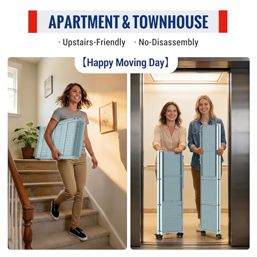 Image of WORKPRO 4-Tier Folding Shelf, No-Assembly Metal Storage Rack with Wheels, 600 lbs Capacity (with Leveling Feet), Collapsible Shelving Unit for Kitchen, Pantry, Closet & Craft Shows - Blue