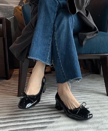 Vertundy Women's Square Toe Ballet Pumps Low Chunky Block Heels2