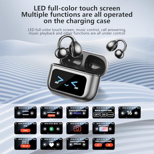 Image of Ultra Open Ear Headphones Bluetooth 5.4 Wireless Clip On Earbuds with Digital Display Charging Case 60 Hours Playtime Sport Earphones Built-in Mic IPX7 Waterproof for Running Fitness Black