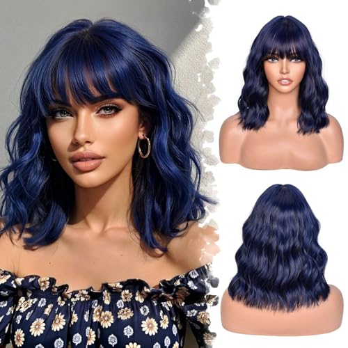 SweeceHair Dark Blue Bob Wig With Bangs Wave Wigs for Women 14 Inch Short Loose Wavy Heat Resistant Synthetic Wig Shoulder Length Hair for Daily and Cospaly Party Use