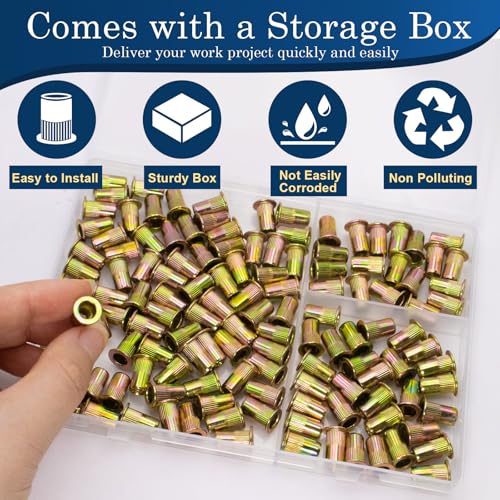 Image of 10-24 UNC Rivet Nut, 125Pcs Zinc Plated Finish Carbon Steel Flat Head Threaded Insert Nutsert Kit