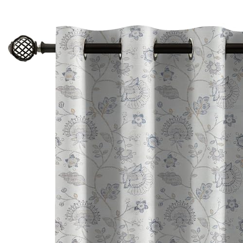 Image of LINENWALAS Printed Blackout Curtains for 7 Feet Door | Set of 2 | Printed Drapes | Thermal Insulated, Room Darkening Panels with Grommet Hanging for Living Room (Slate Blue Garden)