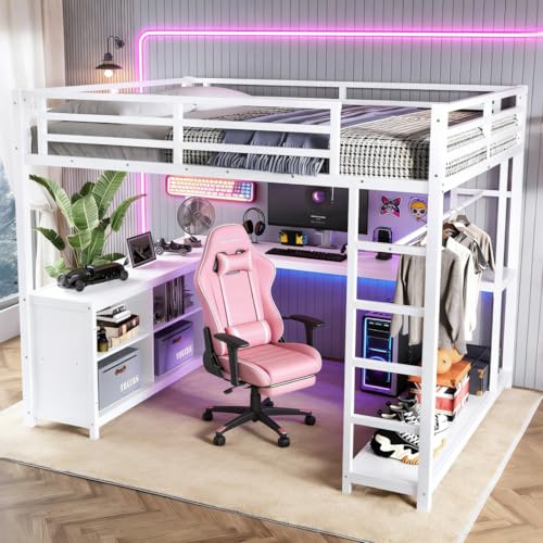 Image of Bellemave Full Size loft Bed with L Desk, Wardrobe, Metal Full Loft Bed Frame for Adults, Kids, Teens, White