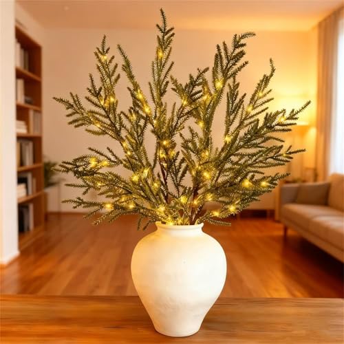 Image of Pre-Lit Pine Stems, DIY Lighted Pine Branches, Lighted Norfolk Pines Branches, Christmas Artificial Pines Needles Branches Garland with Timer for DIY Garland Wreath Holiday (5PCS)