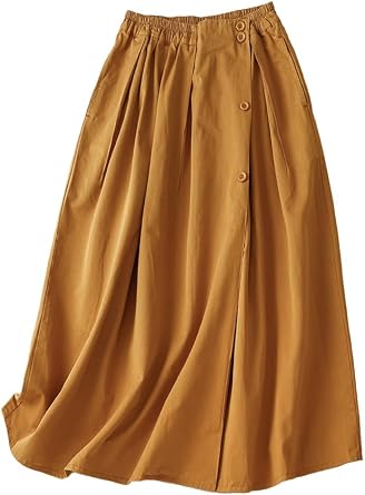 Linen Skirts for Women Summer A Line Button Down High Elastic Waisted Ankle Length Midi Skirts with Pocket