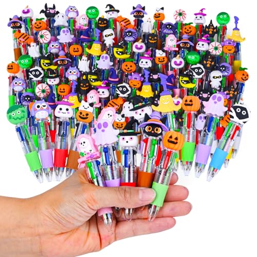 LiYiQ 100 Pcs Halloween Colorful Multicolor Pen in One Cartoon Cute Fun 4-in-1 Cute Pens Bulk Kawaii Pumpkin Ghost Bat Shape Cool Ballpoint Pens for Kids Fun Gifts