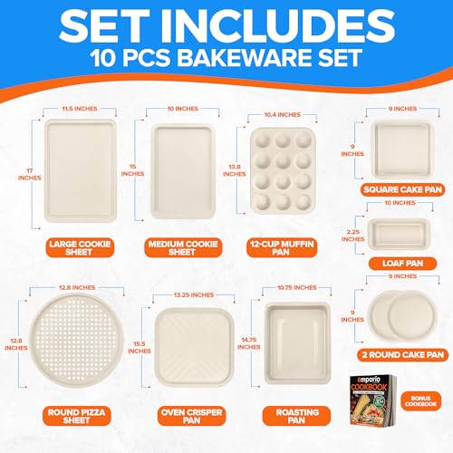 Emporio Kitchen Stackable Baking Pan Set - Nonstick White Marble Coating, Carbon Steel Bakeware Sets, PFOA, PFOS, PTFE Free, Recipe Booklet Included, Oven Safe Tray (Up To 450° F), Set of 10 - White