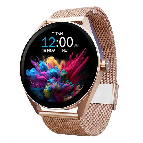 Titan Crest 1.43” AMOLED Smart Watch with BT Calling, AI Morning Briefs, Functional Crown, Health Tracking, Aluminium Body, 100+ Sports Modes, Smartwatch for Men and Women - Rose Gold Mesh Strap