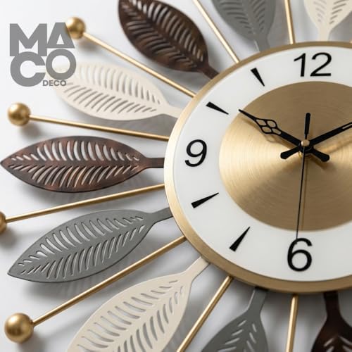 Image of Big Size Sunburst Design Wall Clock for Hall, Modern Gold Tone Dial Silent Analog Clock for Living Room, Bedroom, Stylish Decor