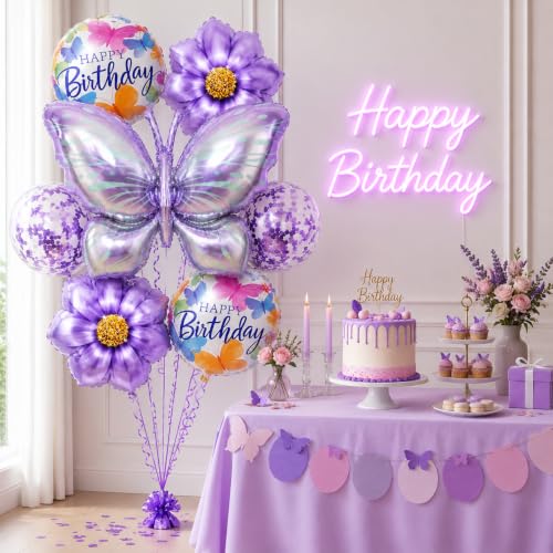 Image of AMFIN (Pack of 7) Large Butterfly Foil Balloons 34 Inch Gradient Birthday Party Decorations | Helium & Air Compatible - Purple