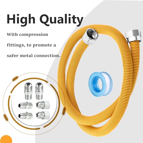 Puxyblue 48\" Flexible Gas Line Kit for Dryer,Flexible Stainless Steel Yellow Gas Line Come with 5/8\" OD(1/2\" ID) Gas Hose X 1/2\"MIP X 1/2\"FIP X 3/4\" MIP Connector for Stove, Dryer, Gas Water Heat