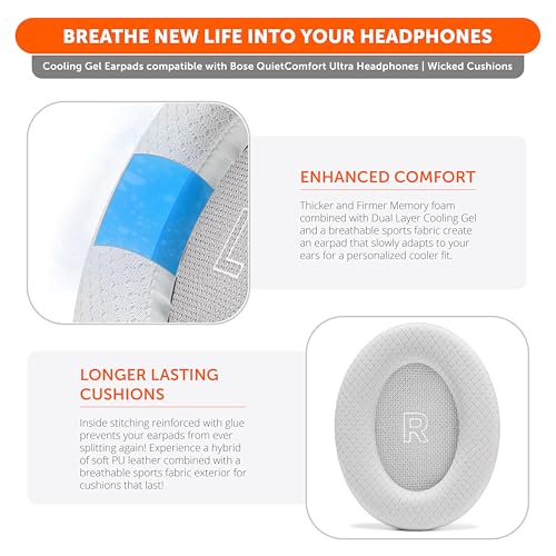 WC Freeze QC Ultra – Cooling Gel Replacement Earpads Compatible with Bose QuietComfort Ultra Gen 1 & Gen 2 by Wicked Cushions | Breathable Fabric, Extra Thick & Cool | White Smoke by WC - Image 4