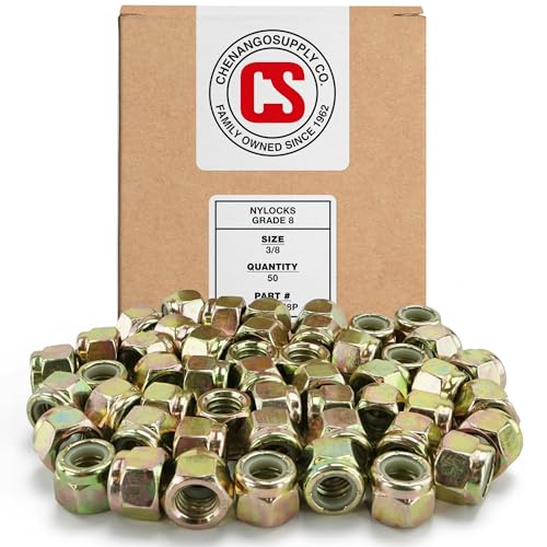 Chenango Supply 3/8-16 Grade 8 Nylon Insert Lock Nuts (Nylock) – Alloy Steel, Yellow Chromate Zinc, High-Strength Vibration-Resistant Hex Nuts, 50 Pieces