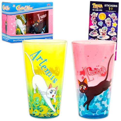 two printed drinking glasses standing side by side on a counter