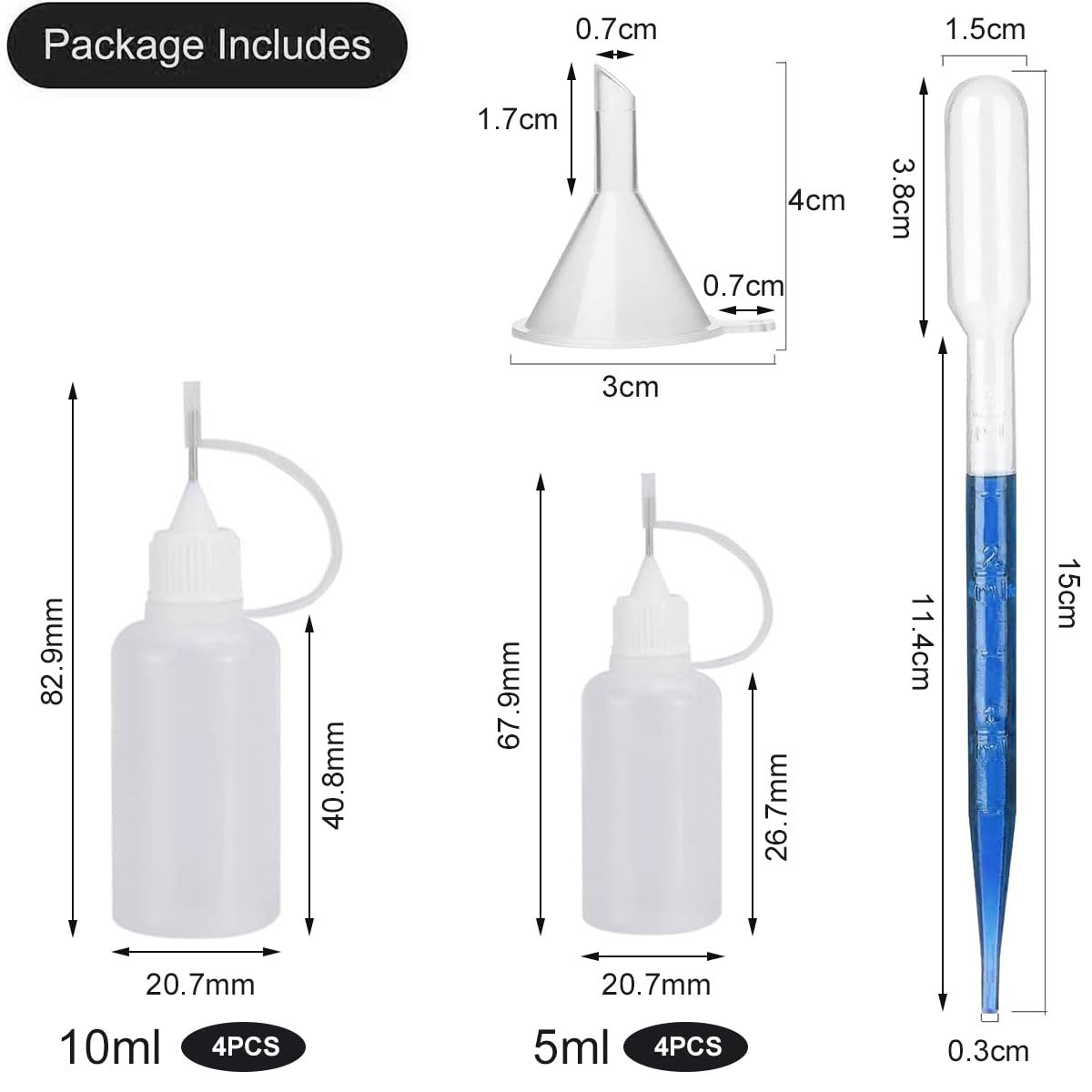 Aplicador de Pegamento Aplicador de Precisión, 10ml Aplicador de Botella de Pegamento, 8 Piezas Botellas de Agujas con 2 Embudos Y 2 Puntas de Aguja de Pipeta, Botella de Pegamento de Plástico