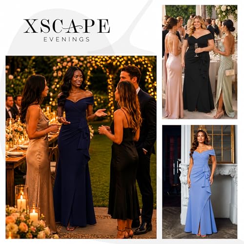 Image of Xscape Women's Long Off-the-Shoulder Sweetheart Neckline Formal Evening Gown with Ruching and Draped Ruffle Detail