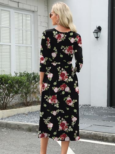 Image of Heymoments Women's Casual 3 /4 Sleeve Midi Dress Crewneck A Line Tiered Flowy Loose Travel Long Dresses with Pockets
