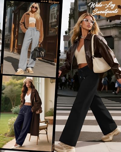 Riyiper 3 Pack Women Wide Leg Sweatpants Drawstring Straight Pants Elastic Waist Joggers Open Bottom Sweatpants with Pockets2