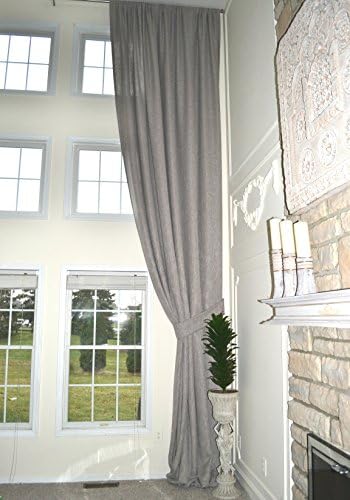 Ikiriska Extra Long Luxury Gray Linen Curtain Custom Made 16 17 18 20 24 feet, 2 Story Window Treatment Drape 9 ft Wide, high Ceiling (16 feet)