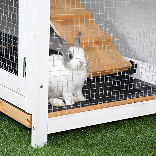 PawHut Rabbit Hutch, Guinea Pig Hutch Wooden 2-Tier Cage w/Run, Yellow - Image 9