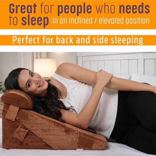 Image of Grin Health Orthopedic Bed Wedge Pillow with Head Rest High Density Adjustable Wedge Cushion for Sleeping, Acid Reflux, Heartburn, GERD, Leg Support Pillow, Back Support, Pregnancy Pillow (Brown)