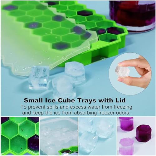 Image of BIDFUL [4 Pack] Silicone Ice Cube Trays for Freezer with Lid - 37 Grid Green Ice Cube Mold, Easy-Release Flexible Ice Trays, Reusable Stackable Ice Tray for Iced Coffee, Juice & Drinks