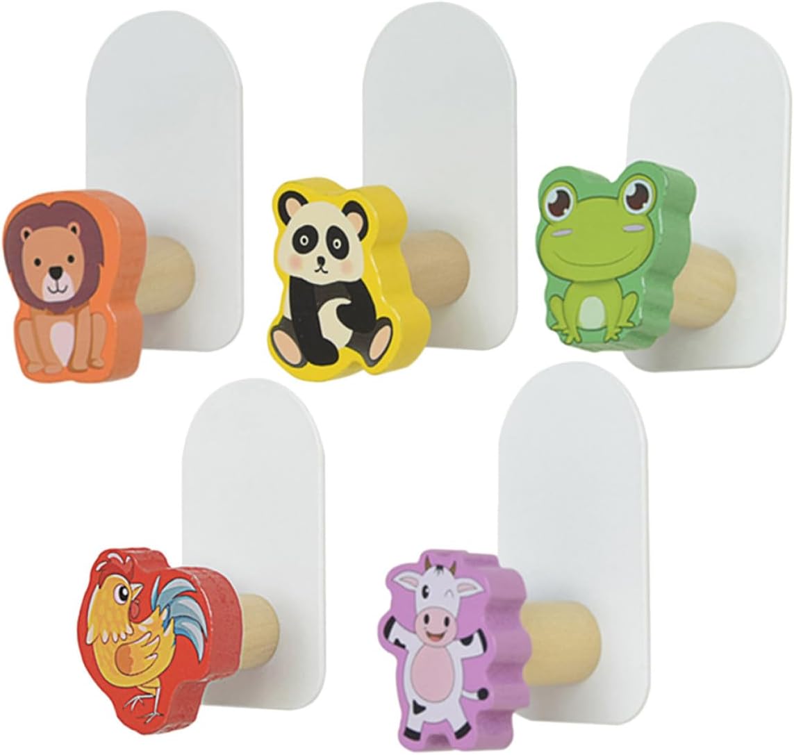 Happyyami 5 Piece Cute Wood Wall Hooks Adhesive Cartoon Amphibian Hooks