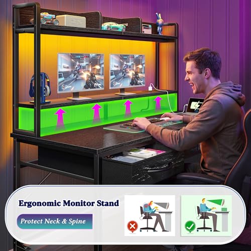 Image of DurayLoly Computer Desk with Shelves and Drawers for Bedroom,Black | Neck&Waist Strain Relief Monitor Stand, Vision-protect RGB LED Suited for Students&Office Sitters