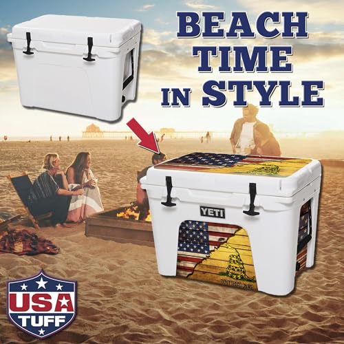 Image of USATuff Vinyl Cooler Lid & Insert Kit Compatible with YETI 65 qt Tundra | Easy Peel & Stick Application Cooler Skin Decal Wrap | Durable Pre-Cut Pieces | for Outdoor Use - Gadsden Don't Tread Split