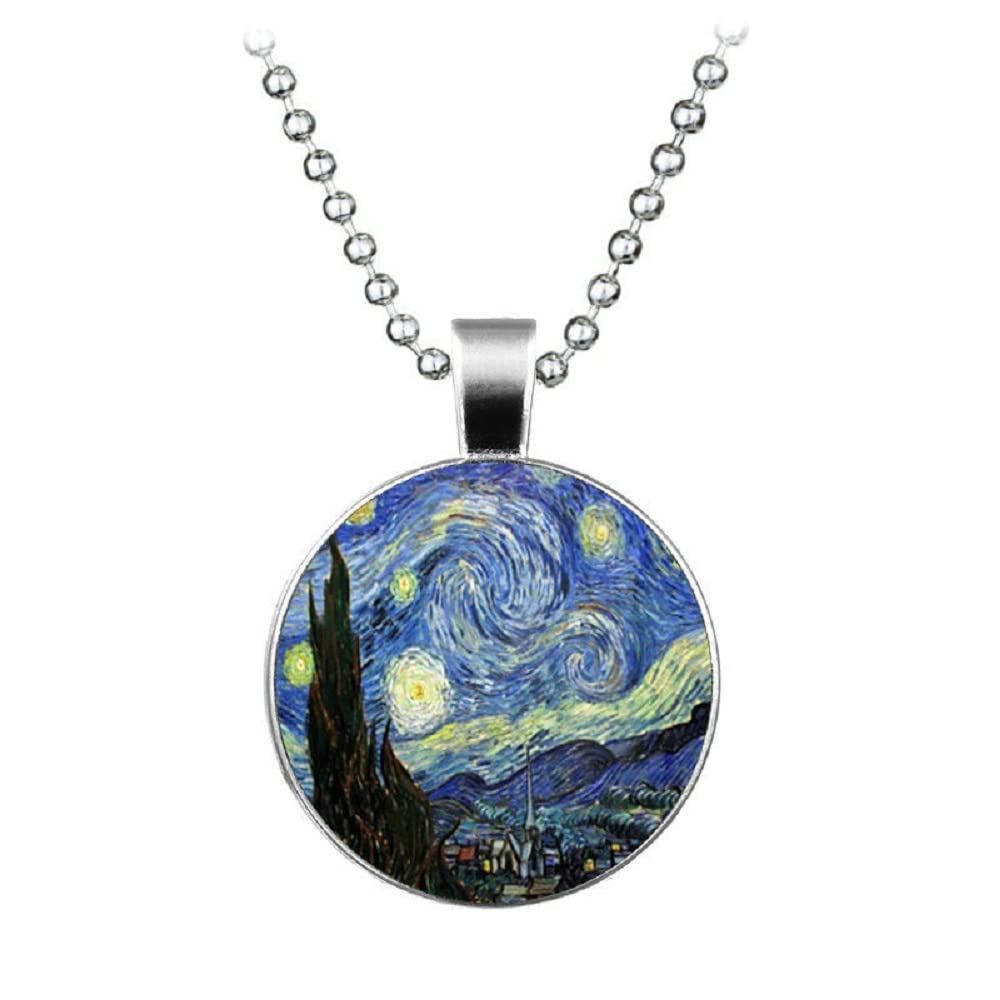 Yo Yo Fashion-usRetro Starry Night Half Moon Noctilucent Pendant Necklace Van Gogh Art Handmade Jewelry-N1