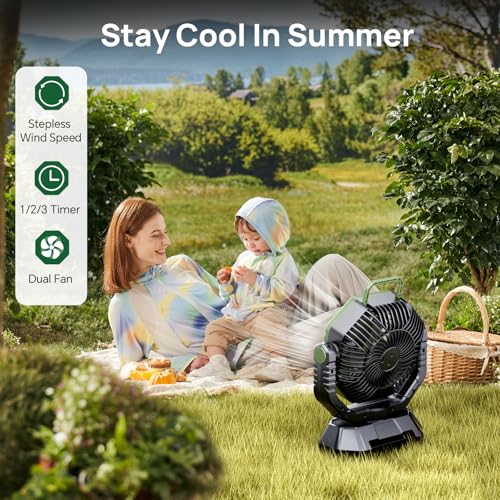 AJVV Camping Fan, 20000mAh Rechargeable Battery Fan with Stepless Wind Speed, Rechargeable Personal Desk USB with Hanging Hook/Light/Power Bank, for Home Outdoor Travel Fishing - Green - Image 3