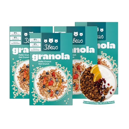 3Bears Granola – Hafer Crunch | Knuspriges & veganes Granola mit Kokosflocken und Zimt, 4x325g | Ohne Industriezucker | In Kooperation mit Sarah Harrison