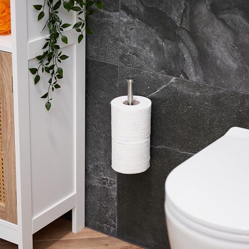 Image of Relaxdays Replacement Roll Holder, Self-Adhesive, 2 Replacement Rolls, H x W x D: 26 x 4.5 x 7.5 cm, Toilet Paper Holder Wall, Silver