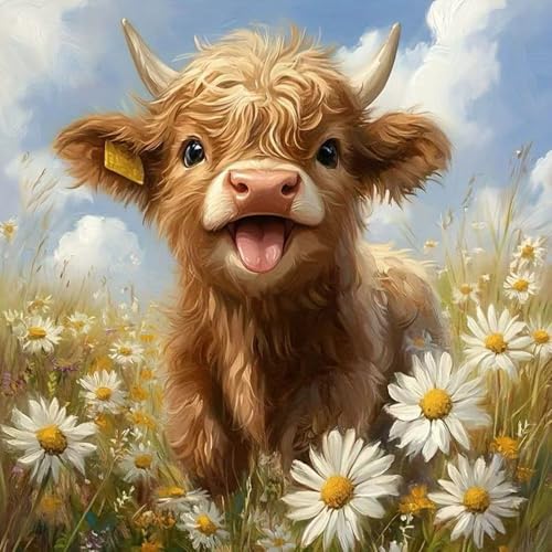 Cow Diamond Painting Kits for Adults Beginner DIY Highland Cow Wall Art Diamond Art Kits for Adults 5D Full Round Drill Diamond Art Painting With Gem Art for Adults Home Wall Decor 13.8 x 13.8inch