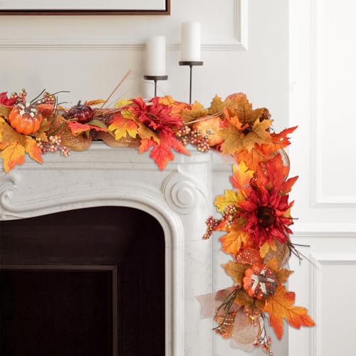 2pack6ftthickfallmapleleavesgarlandwithpumpkinandberryartificialsunflowerautumnharvestgarlandwribbonformentalthanksgivinghalloweenfireplaceporchindooroutdoordecoration  Urban Country Home Decor 2 pack 6ft thick fall maple leaves garland with pumpkin and berry artificial sunflower autumn harvest garland wribbon for mental thanksgiving halloween fireplace porch indoor outdoor decoration  urban country home decor