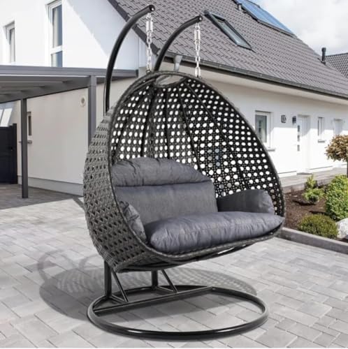 Image of Double Seater Hammock Swing Chair with Stand & Cushion | Heavy Duty Powder Coated Steel Frame | Outdoor Indoor Hanging Swing for Patio Balcony Garden Terrace Living Room (Brown-Grey)