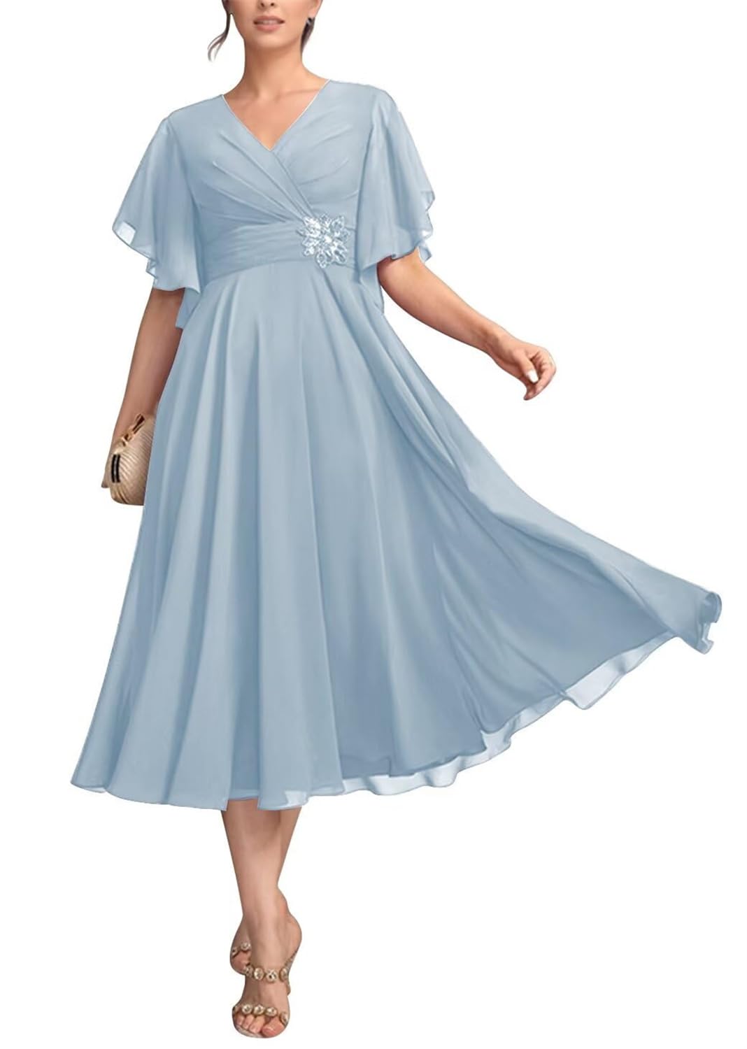 KIYNE Tea Length Mother of the Groom Dresses for Wedding Party with Sleeves Light Blue Chiffon V Neck Evening Formal Gown UK14