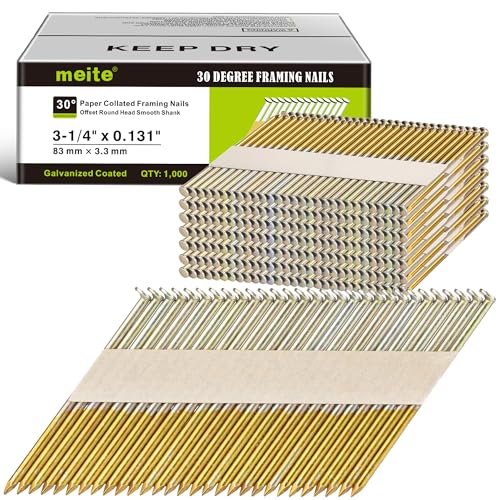 meite 30 Degree Framing Nails 3-1/4 Inch Electro-Galvanized Paper Collated Nails for 30-34 Degree Framing Nailer, Offset Round Head Smooth Shank Framing Nails for Wall Stud Sheathing Decking 1,000PCS