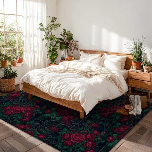 Alfombra de rosas para dormitorio decorativa clásica rectangular y antideslizante 5