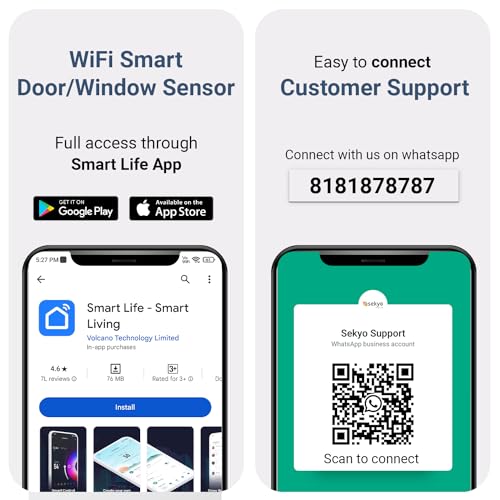 Image of Sekyo WiFi Smart Door Alarm Sensor | Wireless Magnetic Home Security System with Real-Time App Notifications | Easy Installation | Smart WiFi Connectivity for Door & Window (Pack of 1)