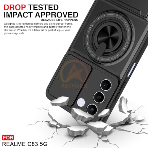 Image of Realme C83 5G Back Cover | Armor Camera Slider 360 Degree Rotating Finger Ring Holder Case with Bracket Stand Back Case Cover (Compatible with MagSafe Accessories) (Black)