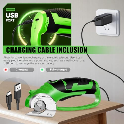 Image of SakerPlus Cordless Electric Scissors,4V Rechargeable Cardboard Box Cutter Heavy Duty Fabric Scissor with Safety Lock & LED Light,Power Rotary Cutter for Leather Carpet Plastic Cutting,Sewing,Crafting