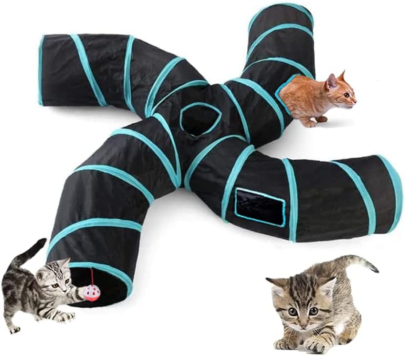 Miniatura 6 de Túnel para gatos, túneles plegables grandes de 4 vías con 5 agujeros de mirada, juguete interactivo para gatos en forma de S, juguete interactivo