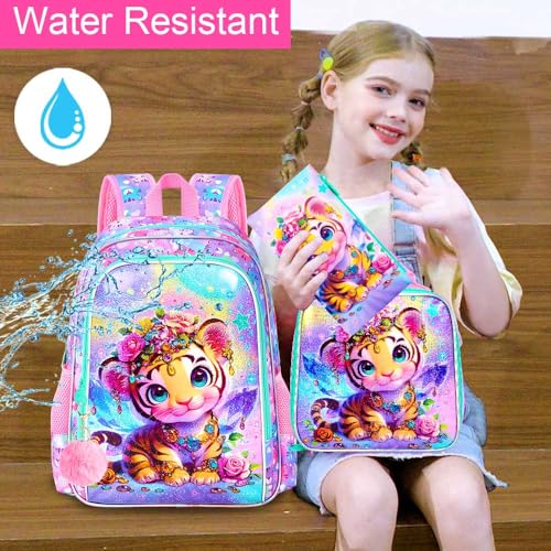 Image of 3Pcs Backpack for Girls, 16 inch Kids Bookbag with Lunch Box,Tiger School Backpacks for Elementary Preschool Kindergarten (Pink)