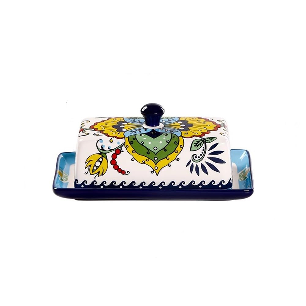HPTHLY Butter Dish Creative Ceramic Butter Box European Tableware With Cover Butter Plate Dim Sum Plate Butter Plate Cheese Box Storage Butter Container (Blue)