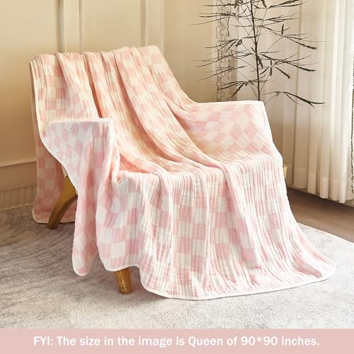 Image of SANACYNA 100% Cotton Muslin Throw Blanket 6-Layer Gauze Pink Checkered Bed Blanket Lightweight Soft Breathable Cooling Blanket for Sofa Couch Both Sides (Pink Checkerboard, Throw 50 inchx60 inch)